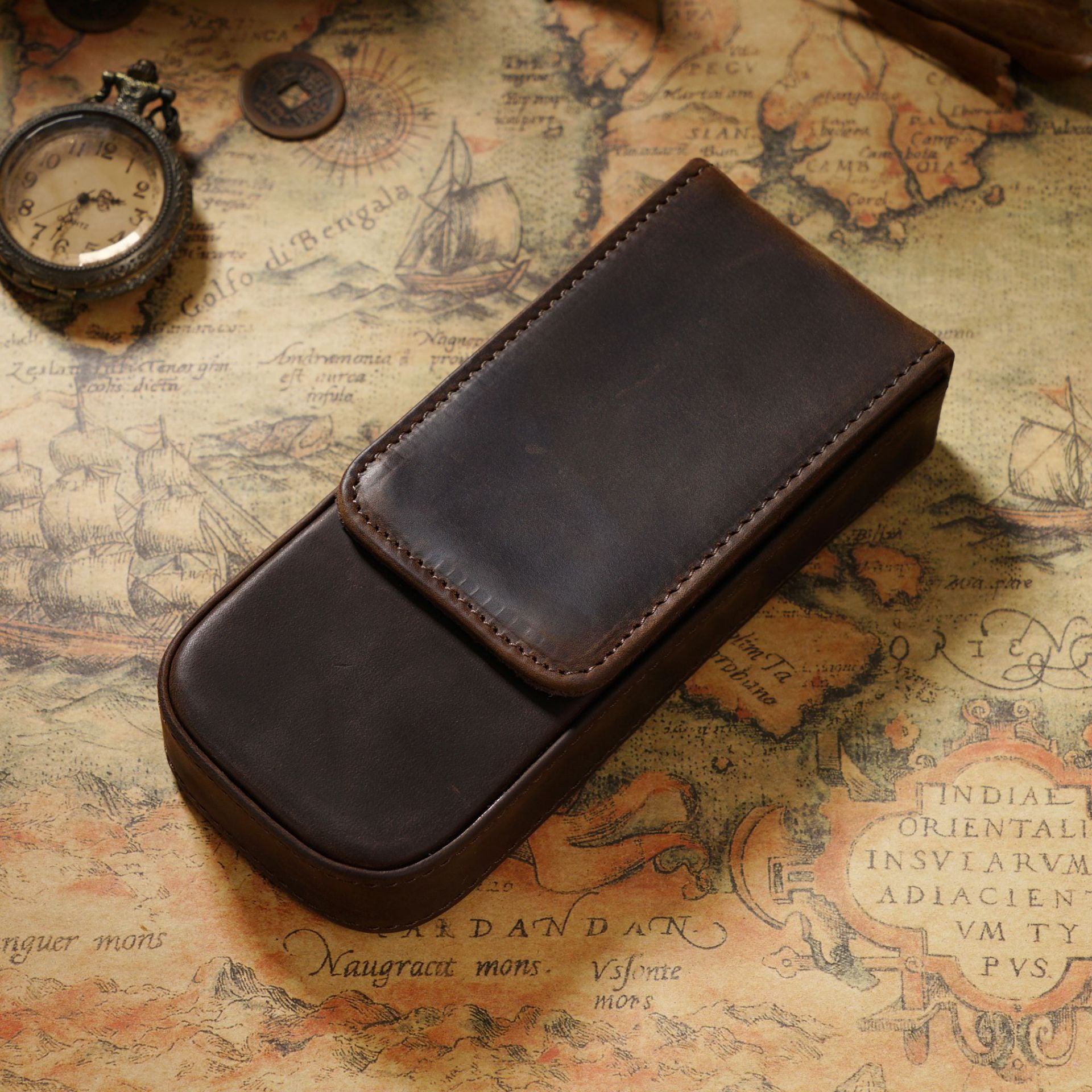 Wholesale Crazy Horse Leather 3-Pack Handmade Magnetic Drawer Pen Bag